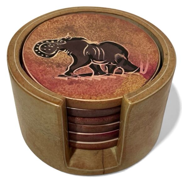 Safari Animal Soapstone Coaster Set | 6pc Hand Carved + Holder | Boho Vintage - Picture 1 of 12
